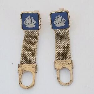 Wedgwood Jasperwear Cufflinks Set Gold Blue Tone Sailboat Ship England Square